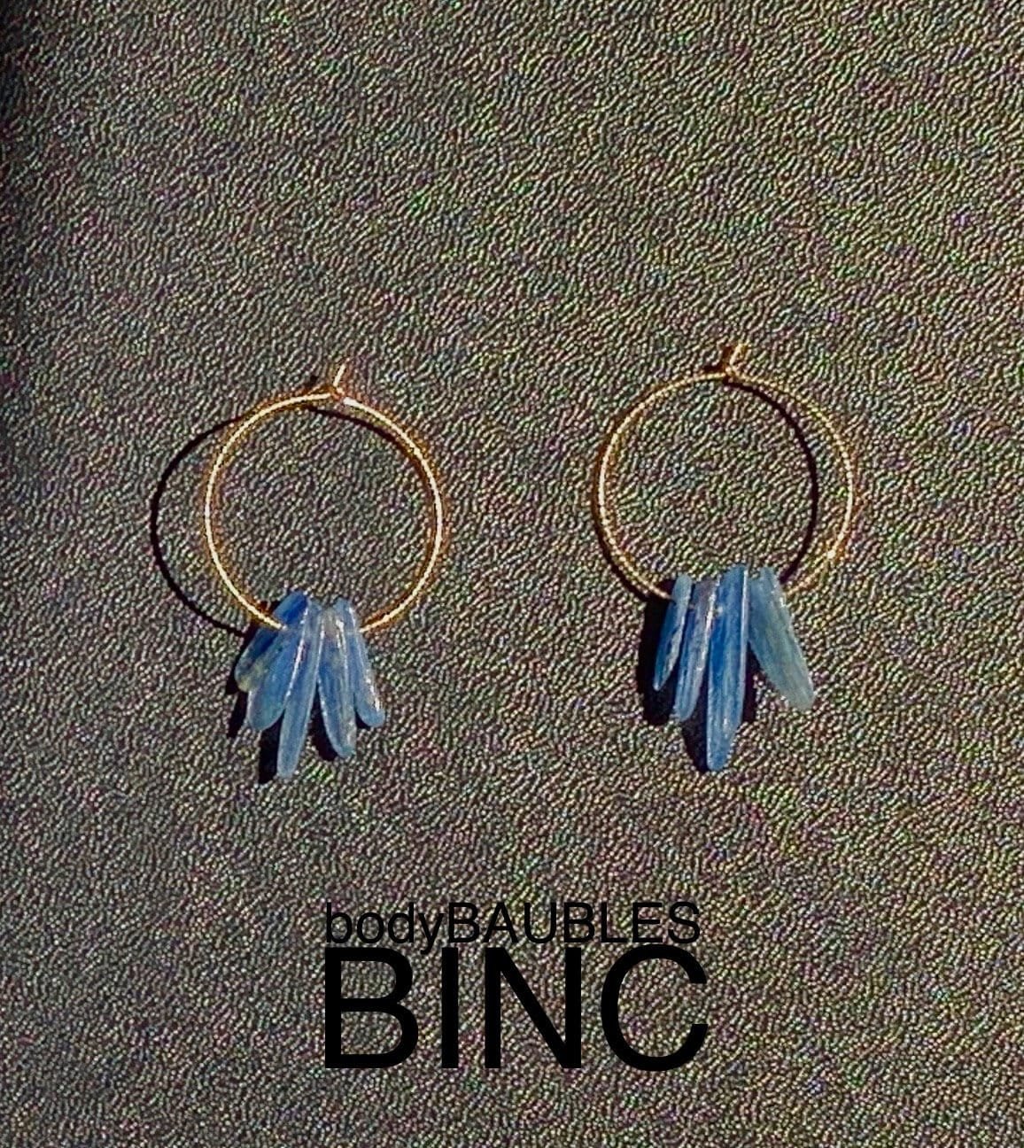 INDIGO Blue Kyanite Crystal Charm Hoops Top View Dark Background