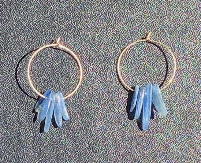 INDIGO Blue Kyanite Crystal Charm Hoops Top View Dark Background