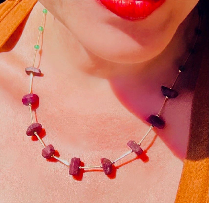 CHRYSSA Ruby Emerald Necklace Model Wearing