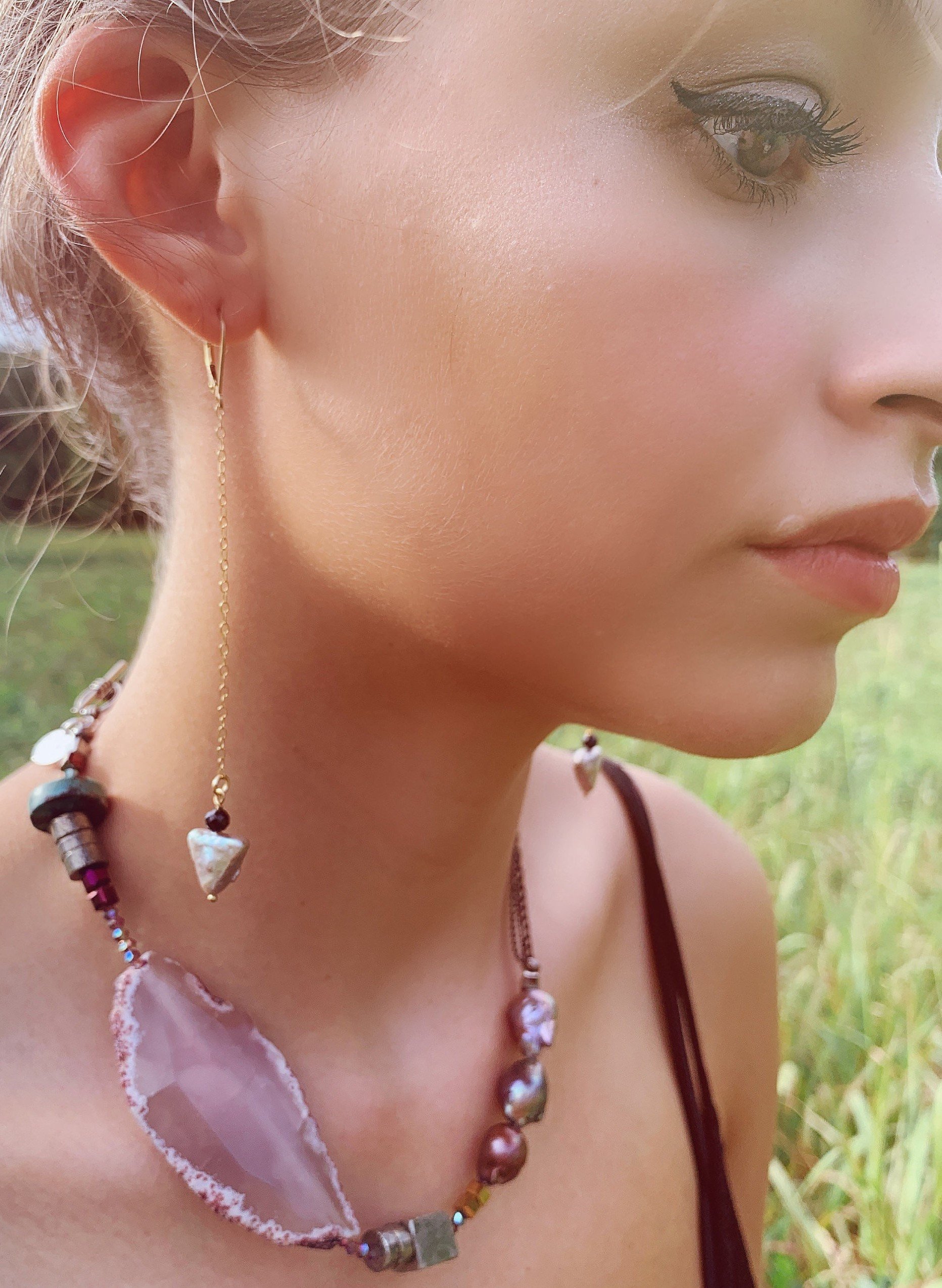 AMAYA Earrings Model Wearing Up Close