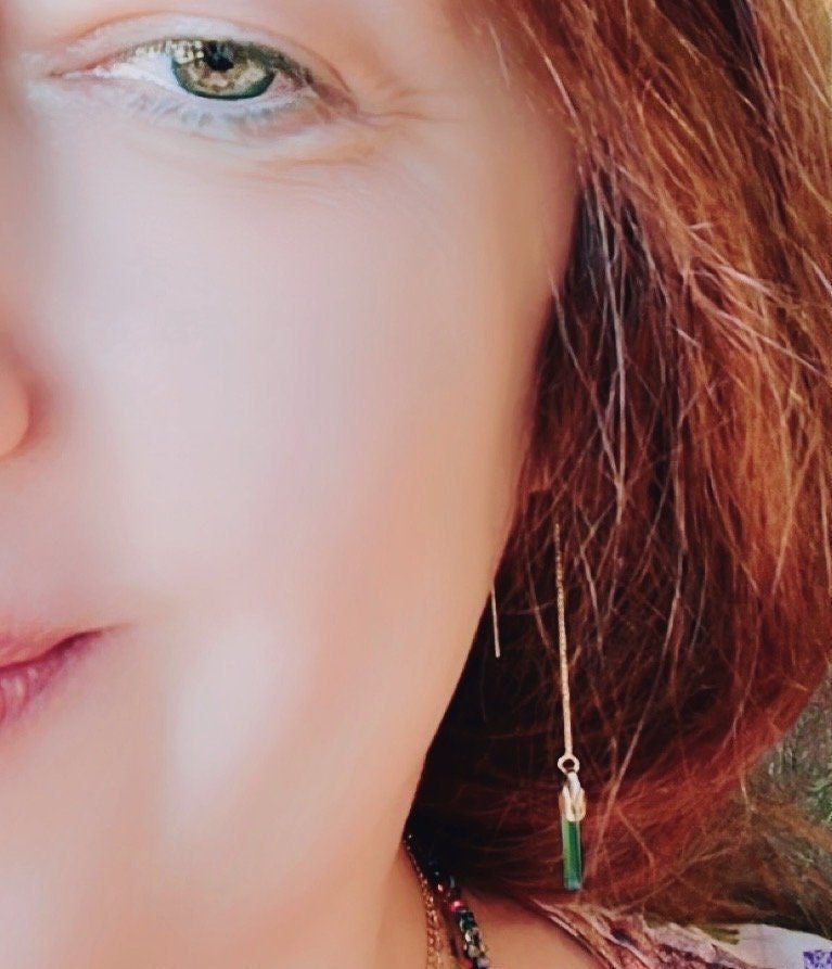 MEADOW Threader Earrings Model Wearing Up Close