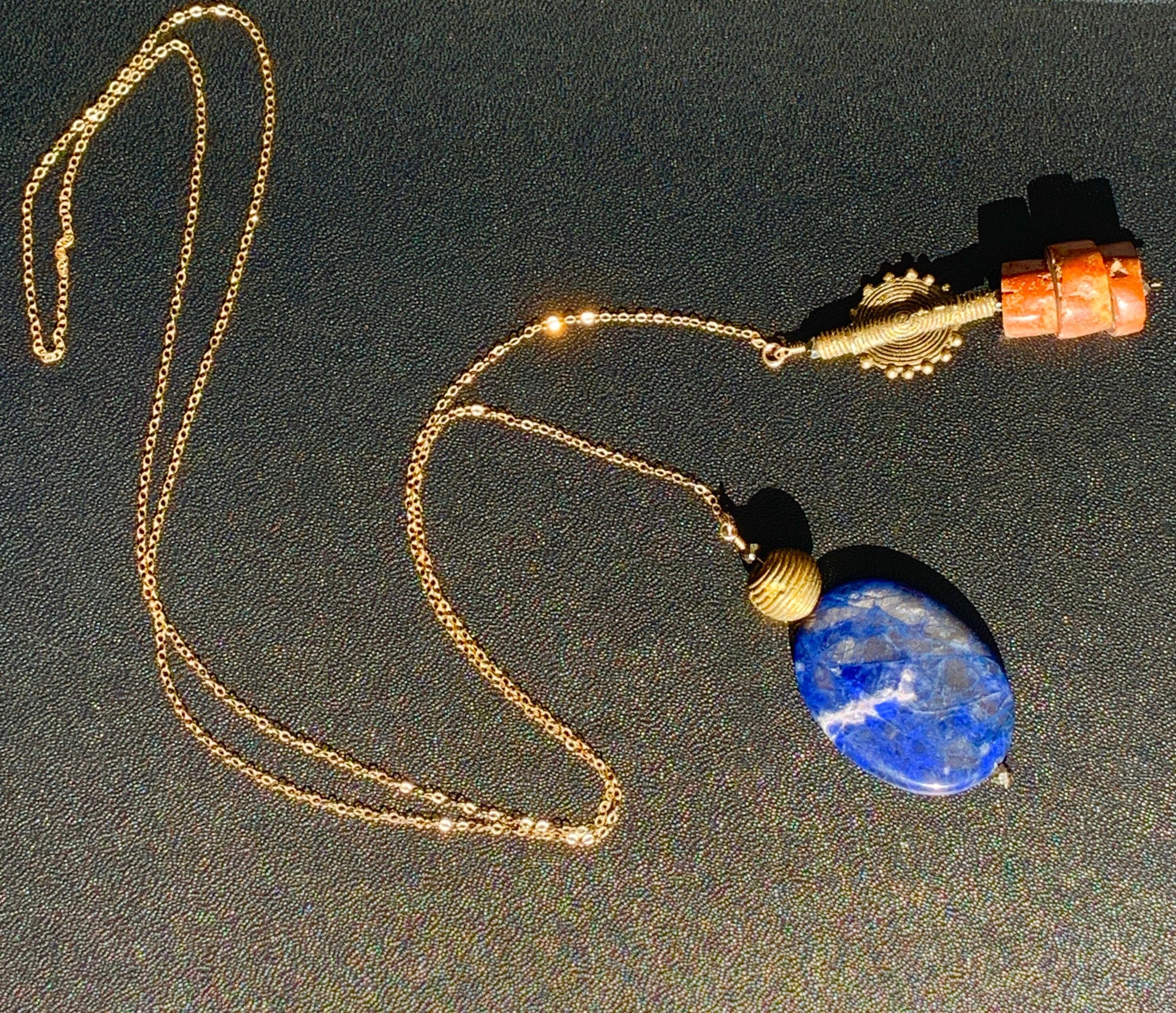 CADEN Long Lariat Necklace Lapis Wax-Cast Brass Sun Charm Bauxite Gold Chain