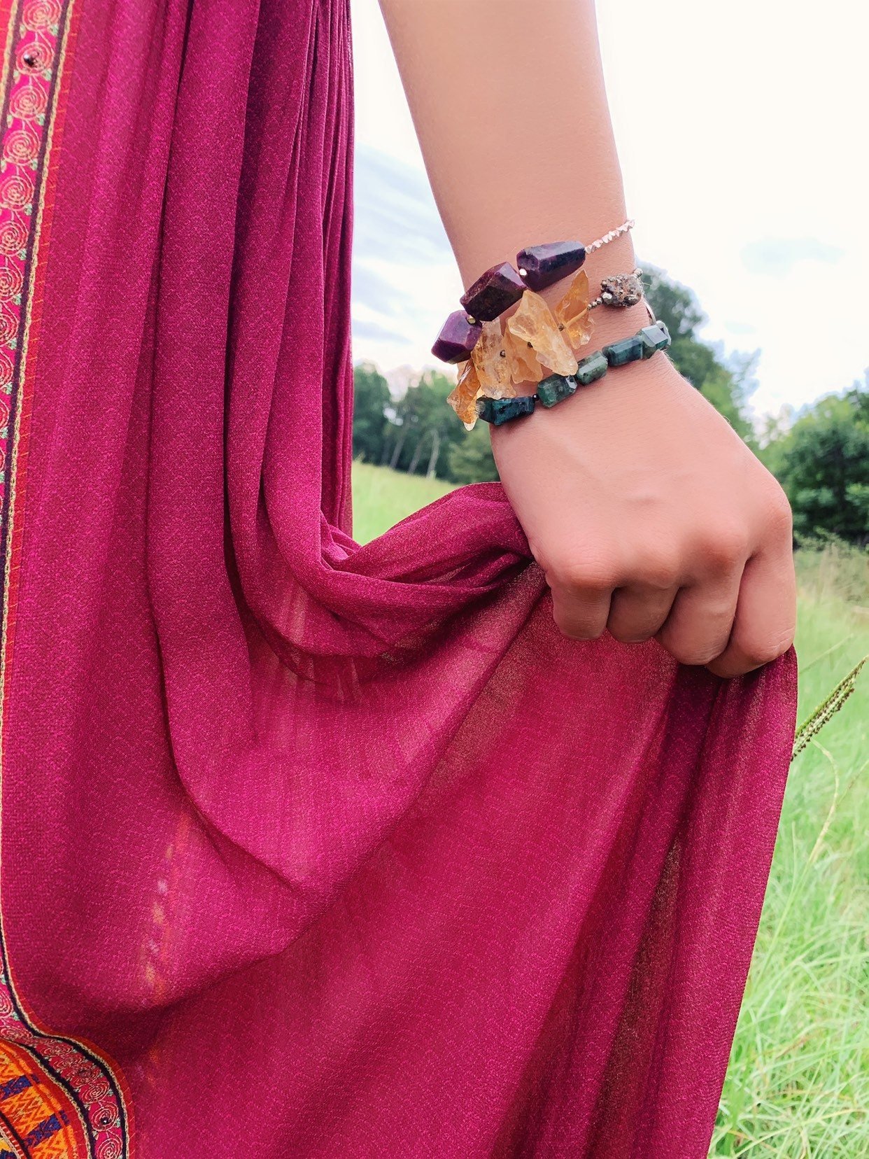 FALCON Emerald Pyrite Bracelet Model Wearing Up Close
