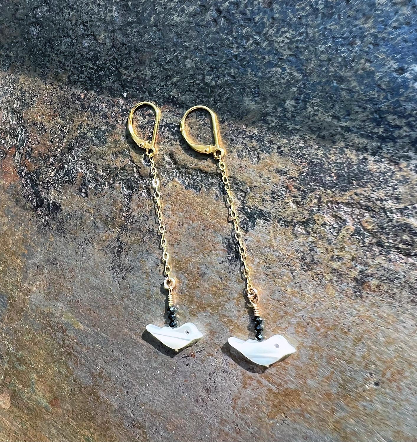 PHOEBE Mother Of Pearl & Black Spinal Bird Earrings Top View