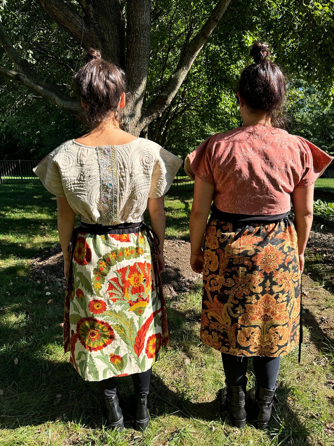 Frida Capelet with antique Sari fragment panels worn reversed on back with Piper skirts/dress/cape worn on models back view