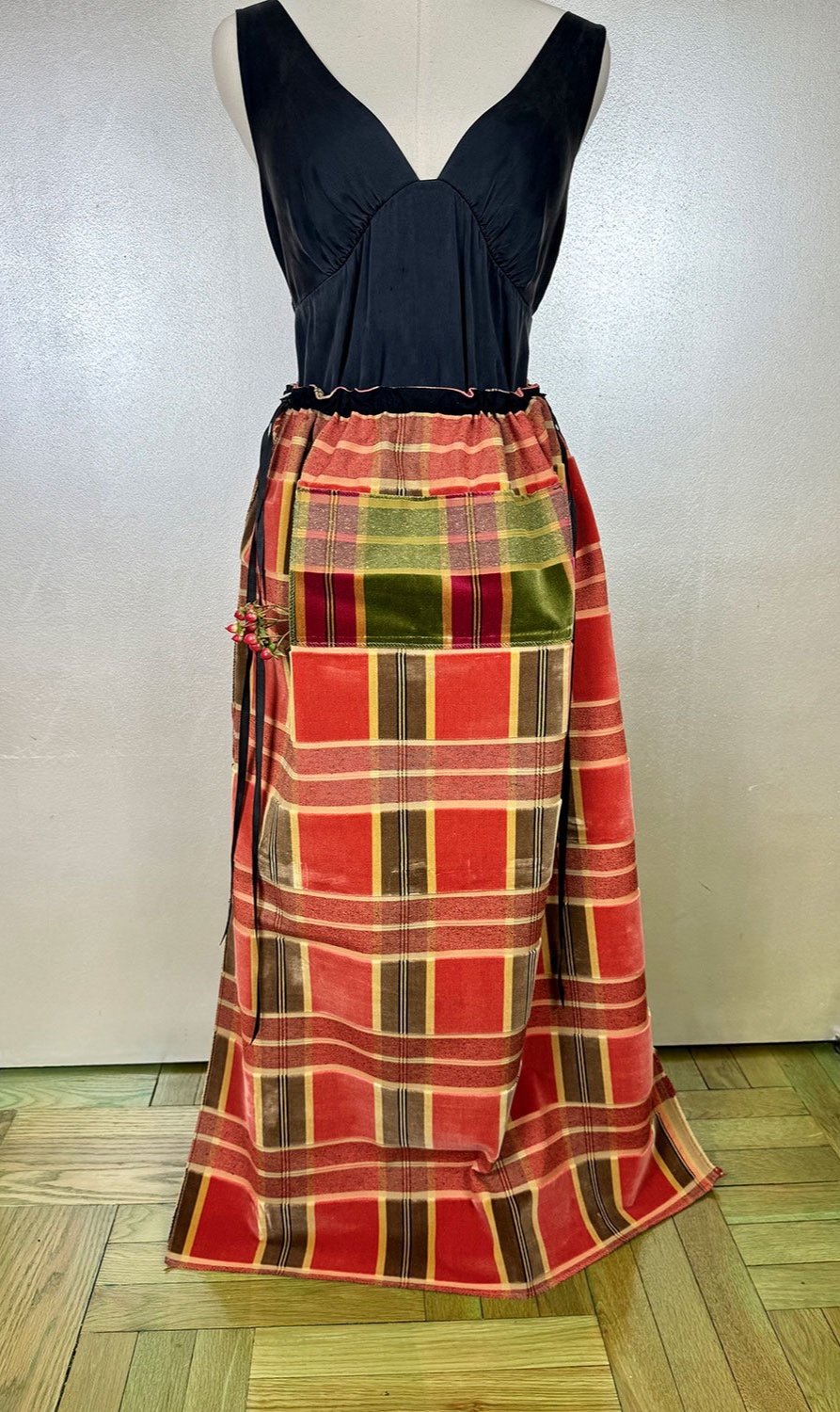 Piper overskirt on mannequin with hoodie pocket
