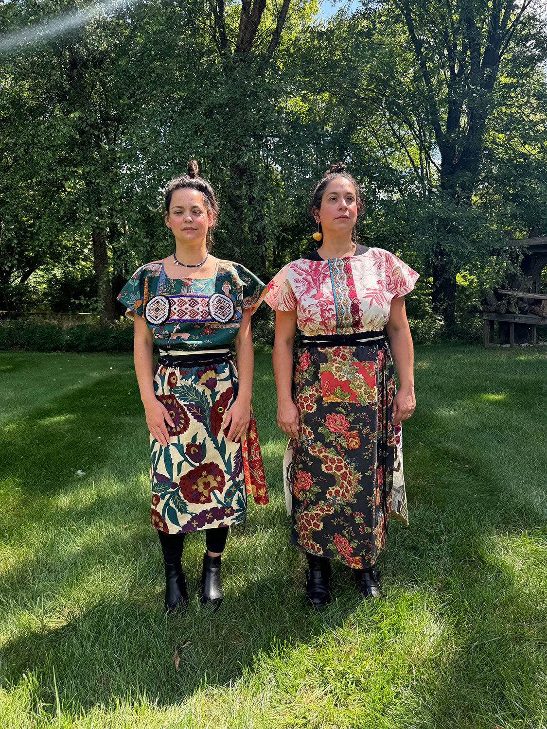 Frida Capelets with beaded antique tribal panel and Piper skirt/cape/dresses on models front view