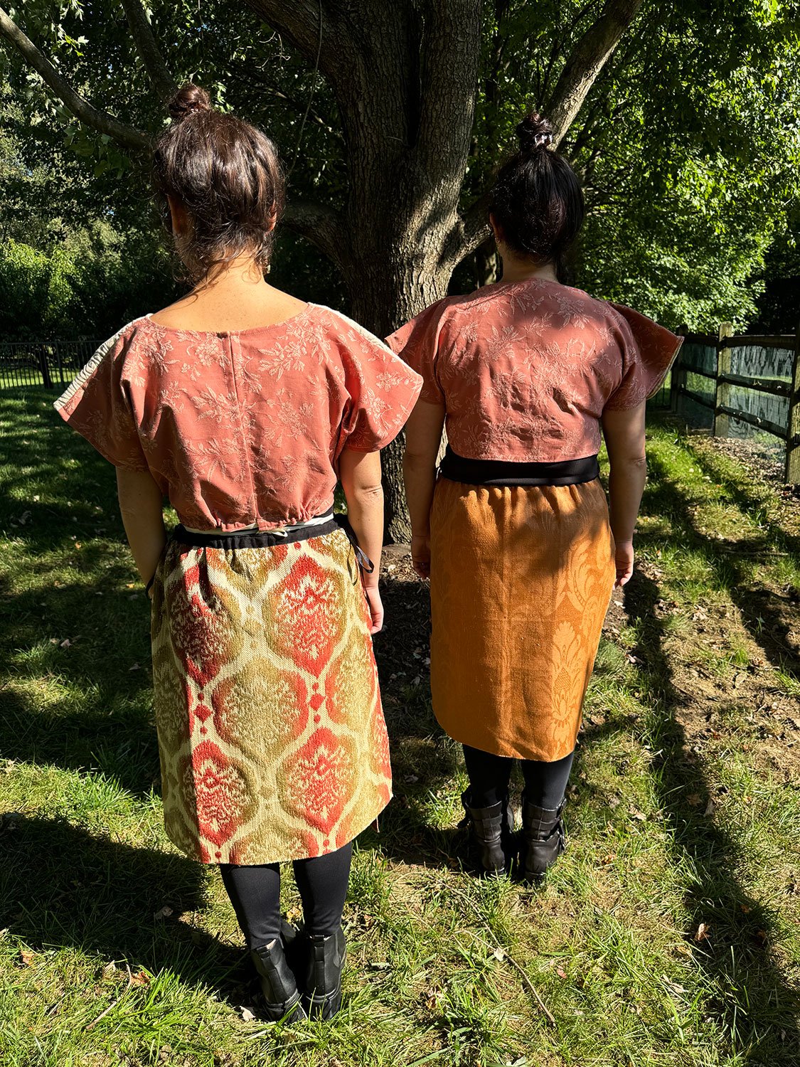 Frida Capelet with antique Sari fragment panel and Piper skirts/dress/cape worn on models back view