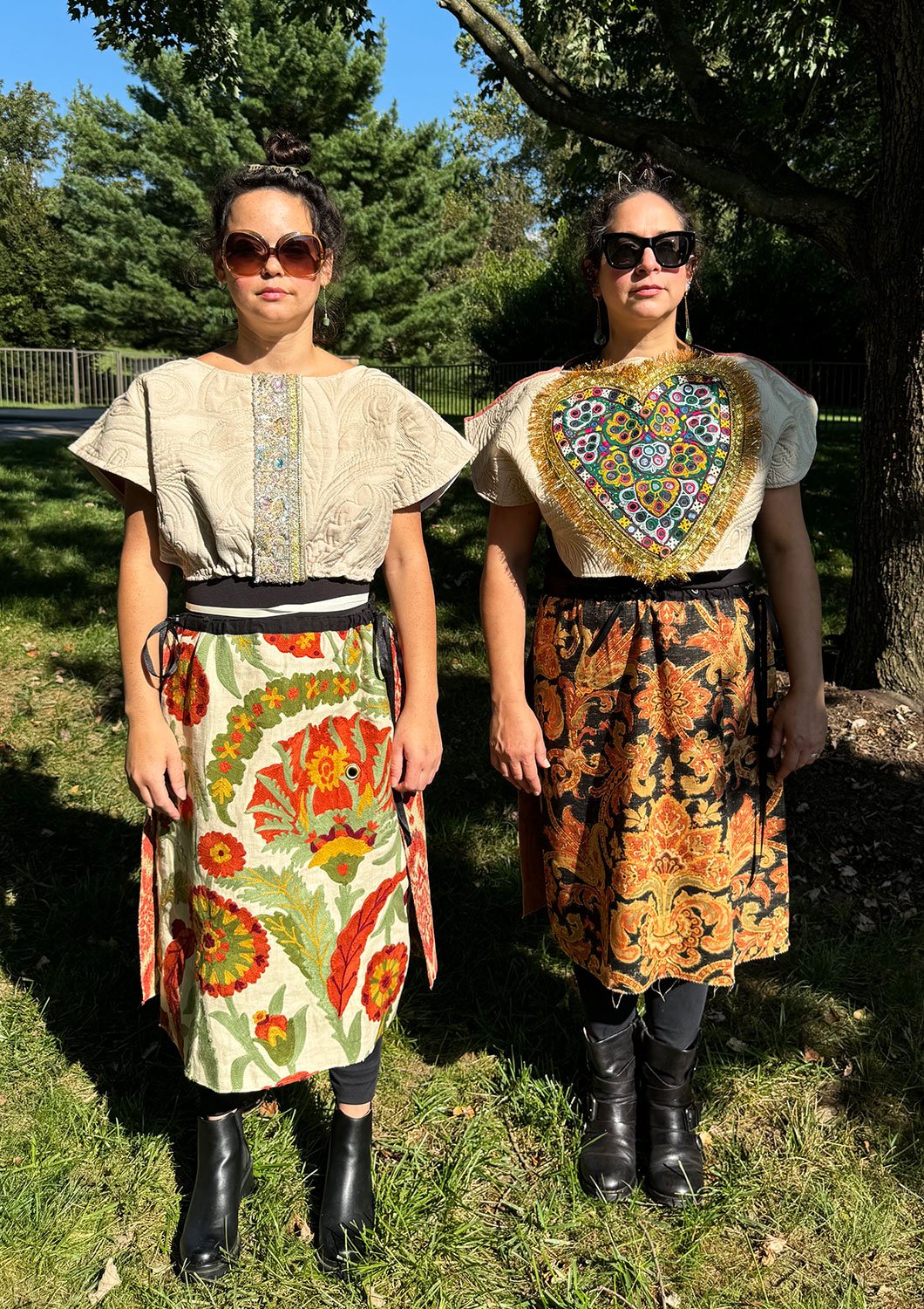 Piper overskirts on models front view shown with Frida overcoats