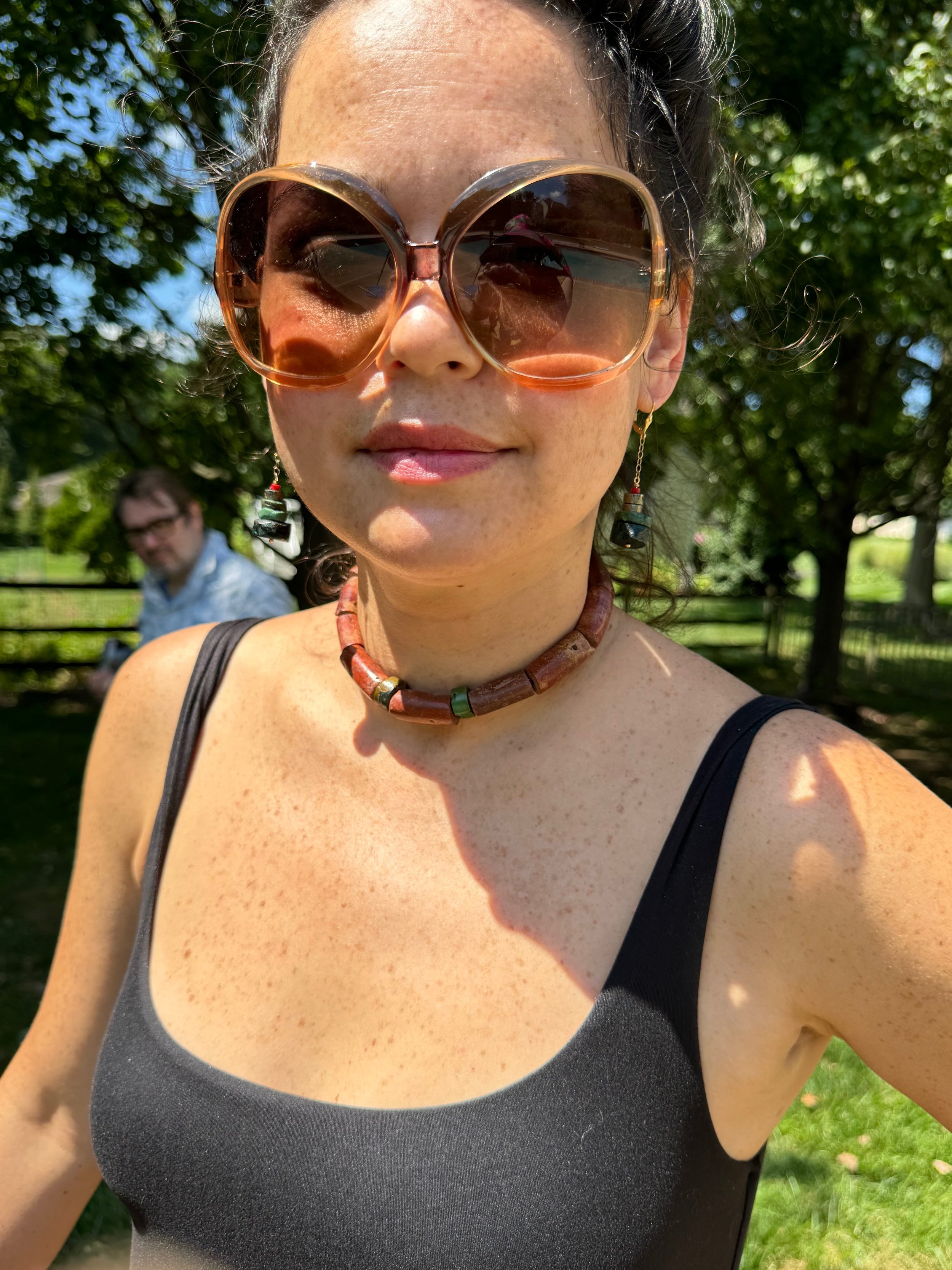 Simone bauxite and turquoise necklace on model