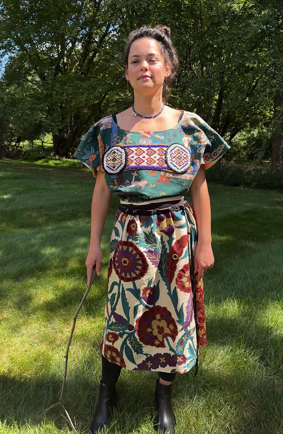 Frida Capelet with beaded antique tribal panel and Piper skirt/cape/dress on model full picture front