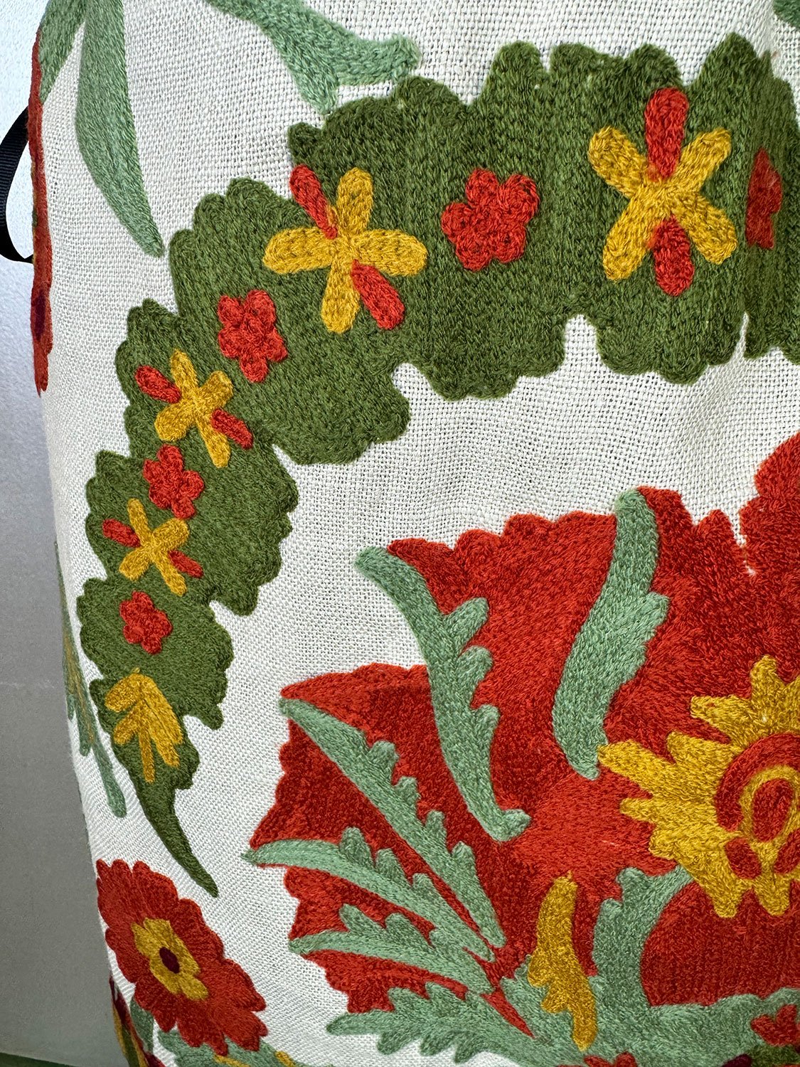close up of embroidered textile of Piper