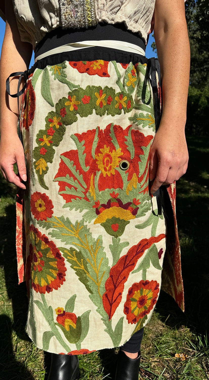 Piper overskirt on model front view shown with Frida overcoat close details