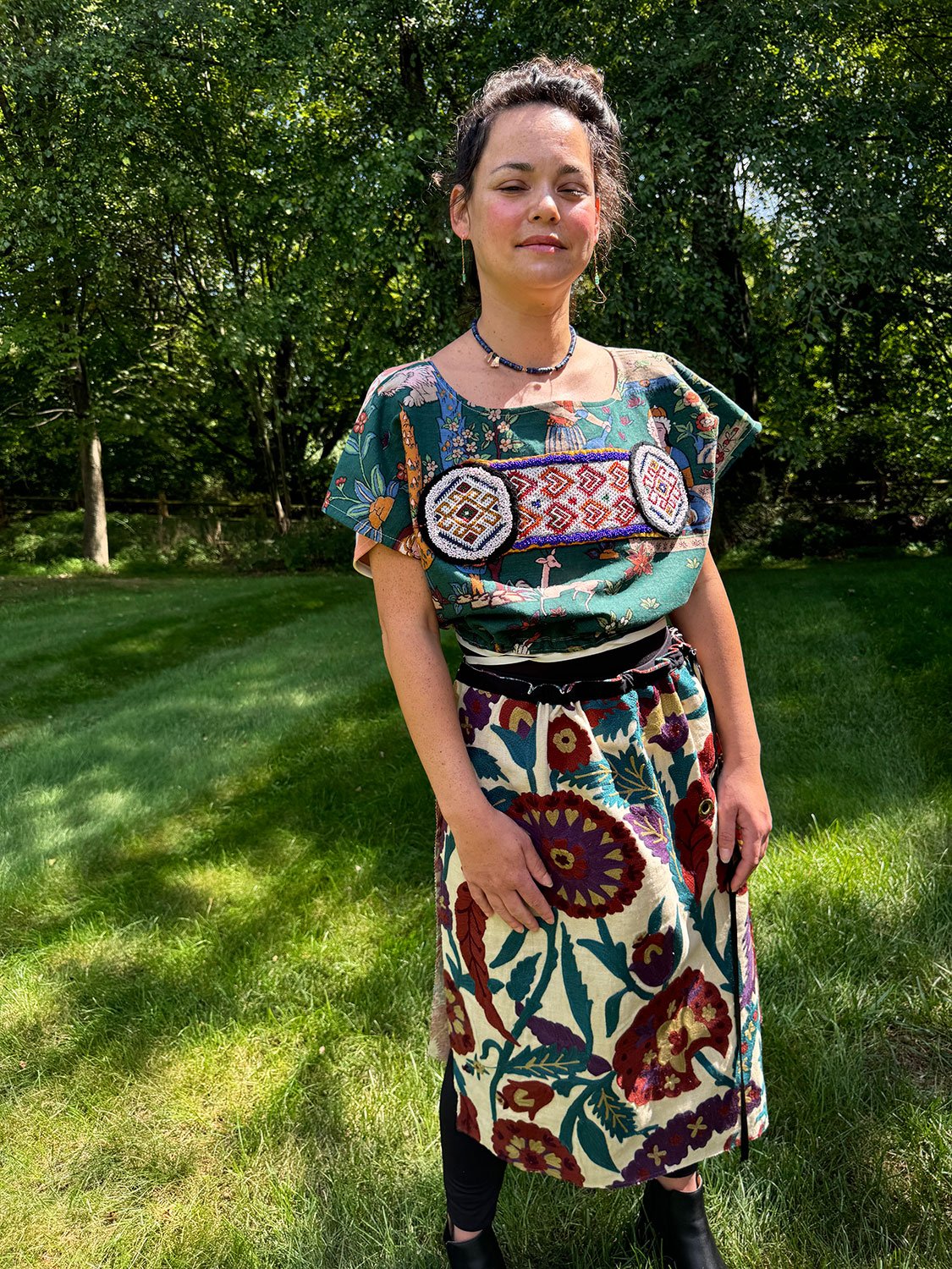 Frida Capelet with beaded antique tribal panel and Piper skirt/cape/dress on model 3/4 picture