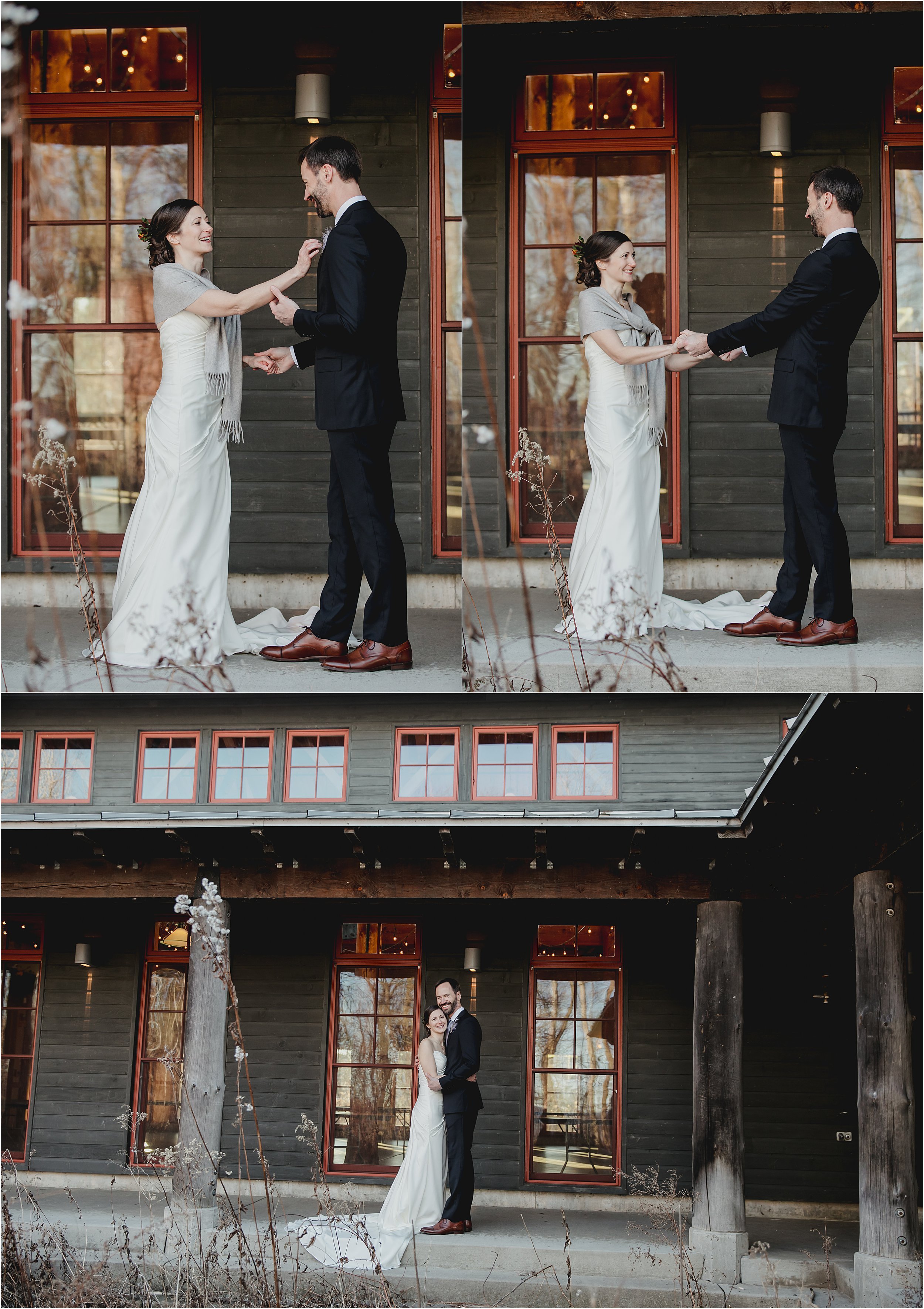 09-bride-gray-shawl-groom-first-look-glass-windows-orange-trim.JPG