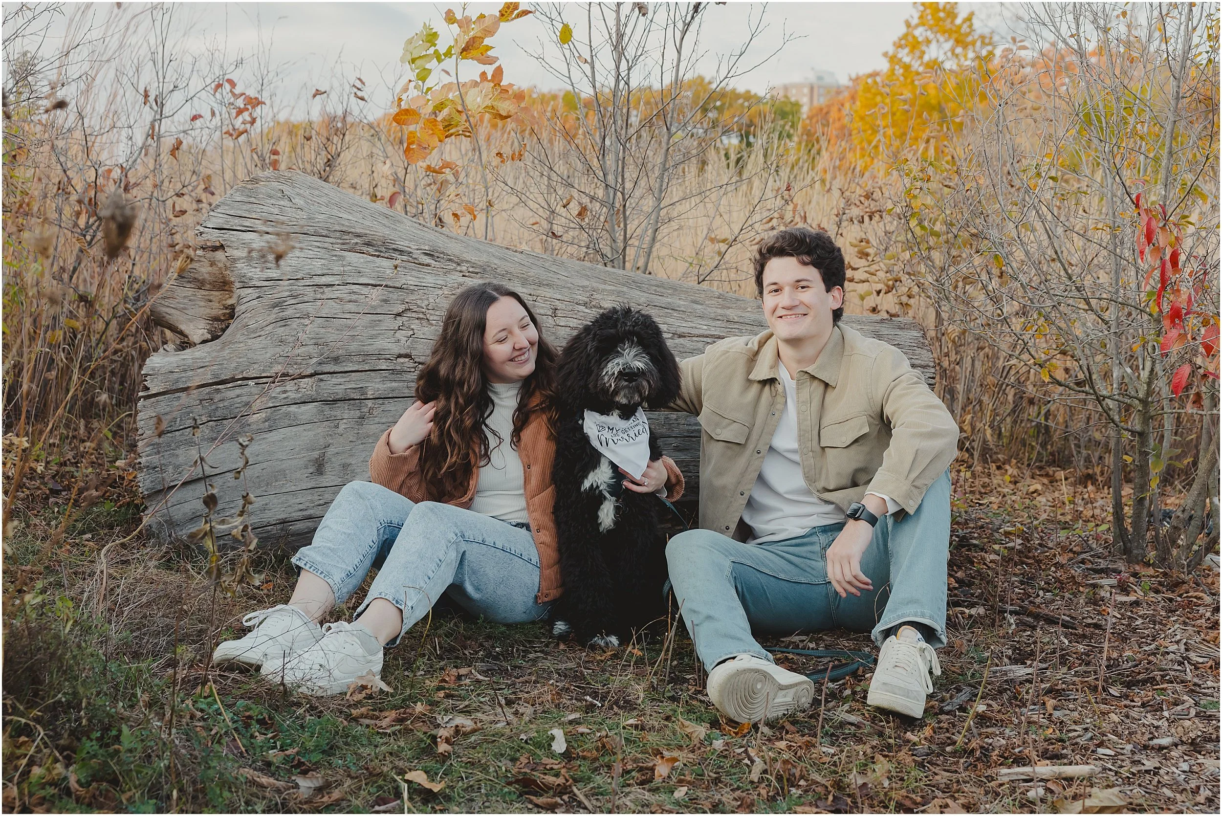 Fun Golden Hour Fall Engagement Session With Dog | Riverside Park