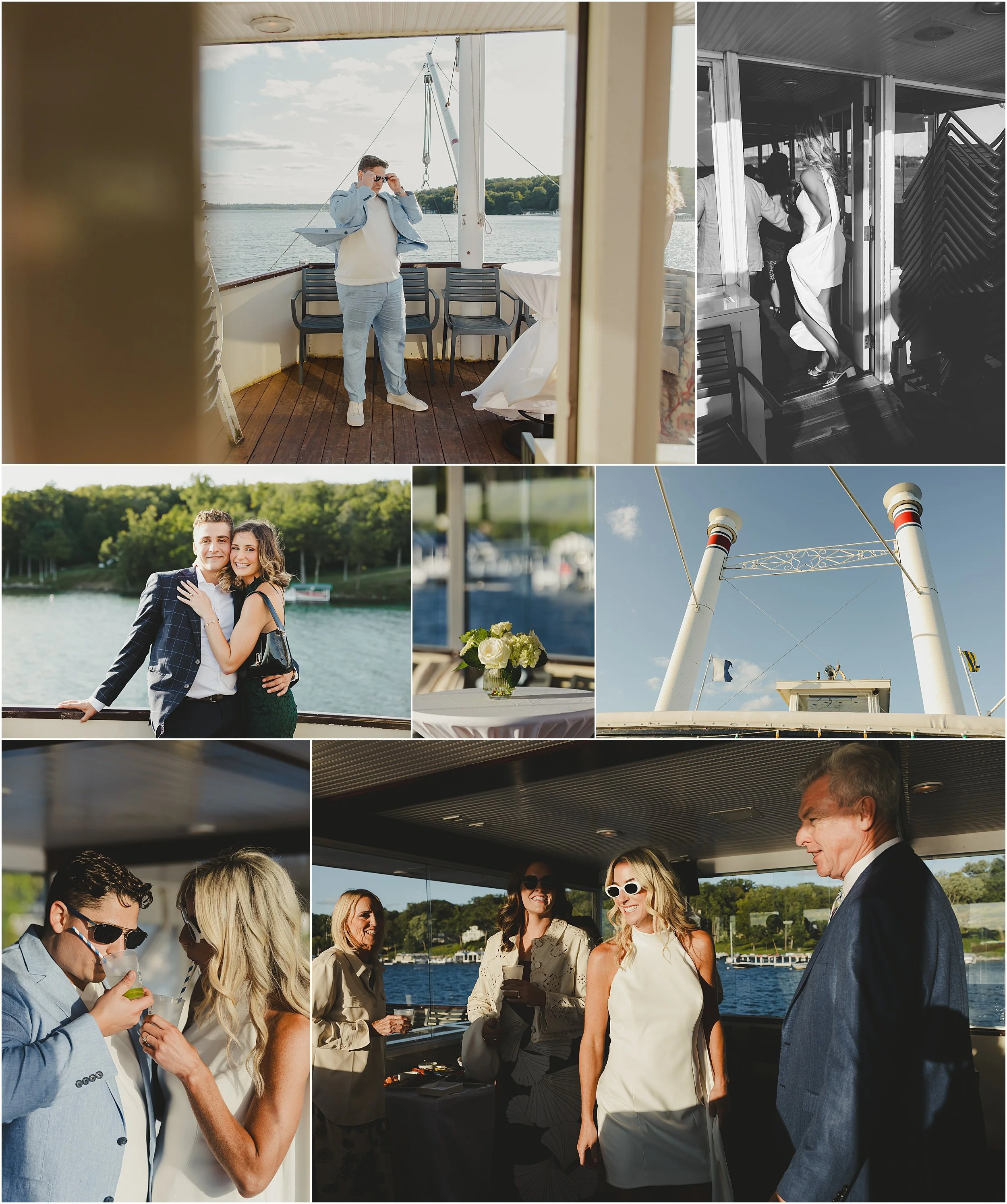13-Lake-Geneva-boat-reheasal-sunset-cruise-bride-groom-blue-suit-white-dress-cape.JPG