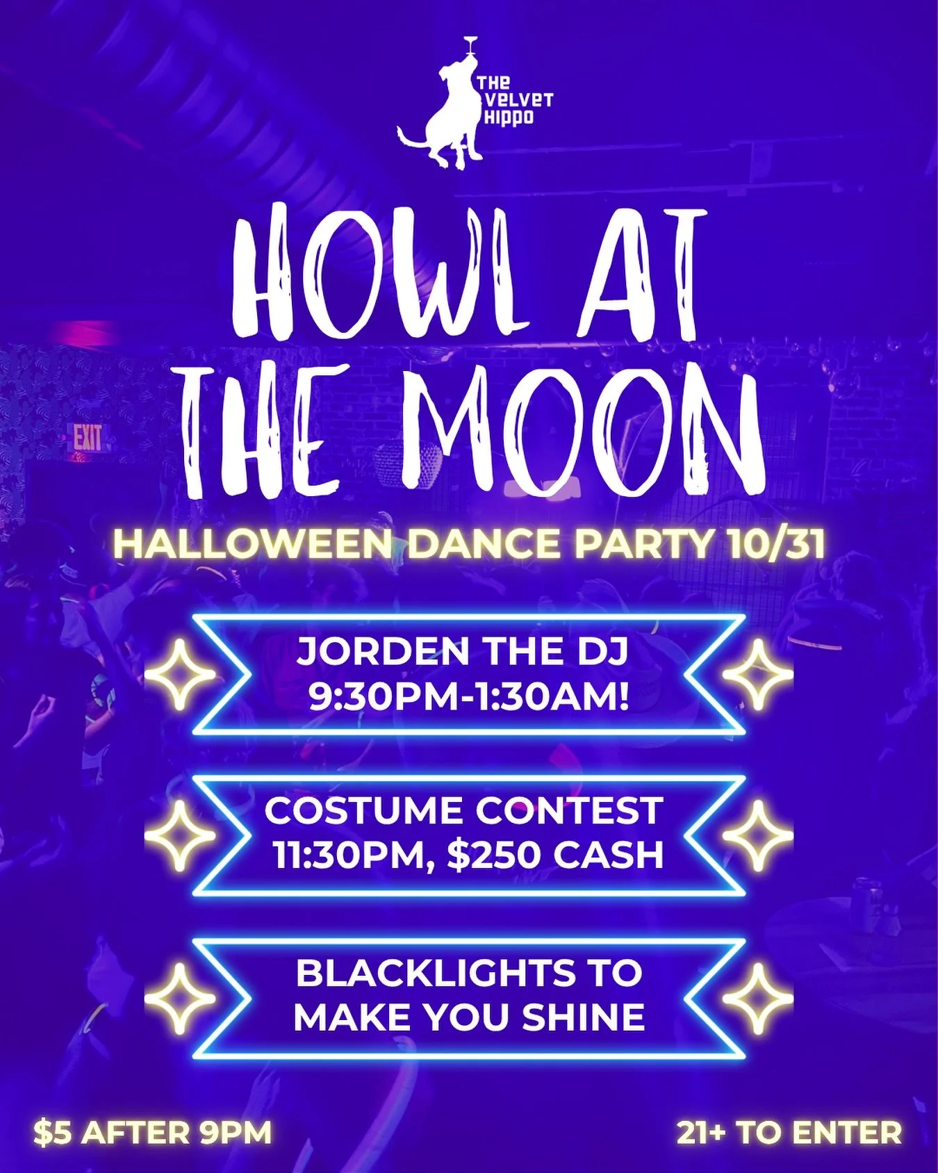 It’s time to get your costume ready for our blacklight Halloween party! ๐ฉป๐ฎ๐ธWe’ll have Jorden The DJ doing his thing from 9:30–1:30 for your dancing pleasure, bewitching beverage specials, and lots of blacklights to make your cost