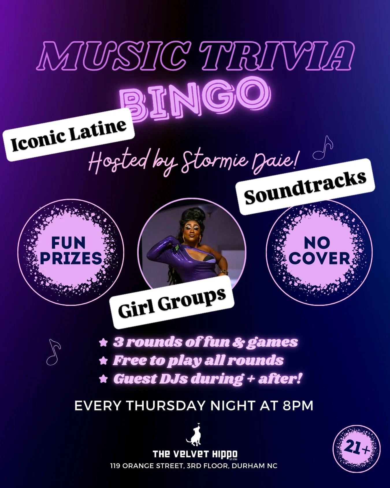 Come enjoy some great music and good times with friends tonight! ๐ฎ @stormiedaie and @gayagendanc will be testing your knowledge of Iconic Latine Artists, Girl Groups, and Sountracks in 3 rounds of Music Trivia Bingo! Free to play, 21+ only, drinks s