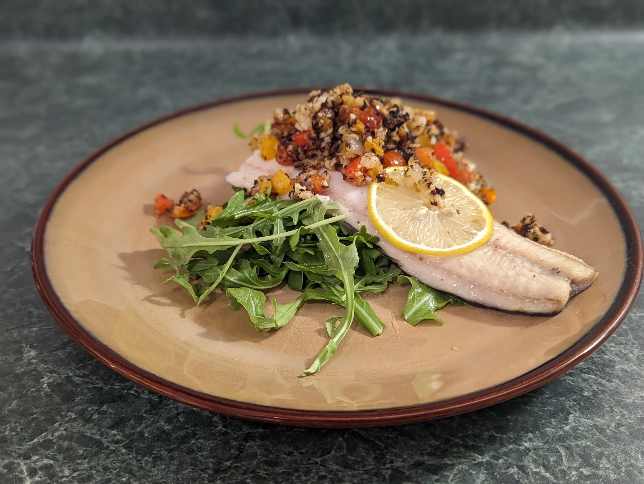 Baked Sailfish topped with Fried Sailfish and Pepper Stuffing