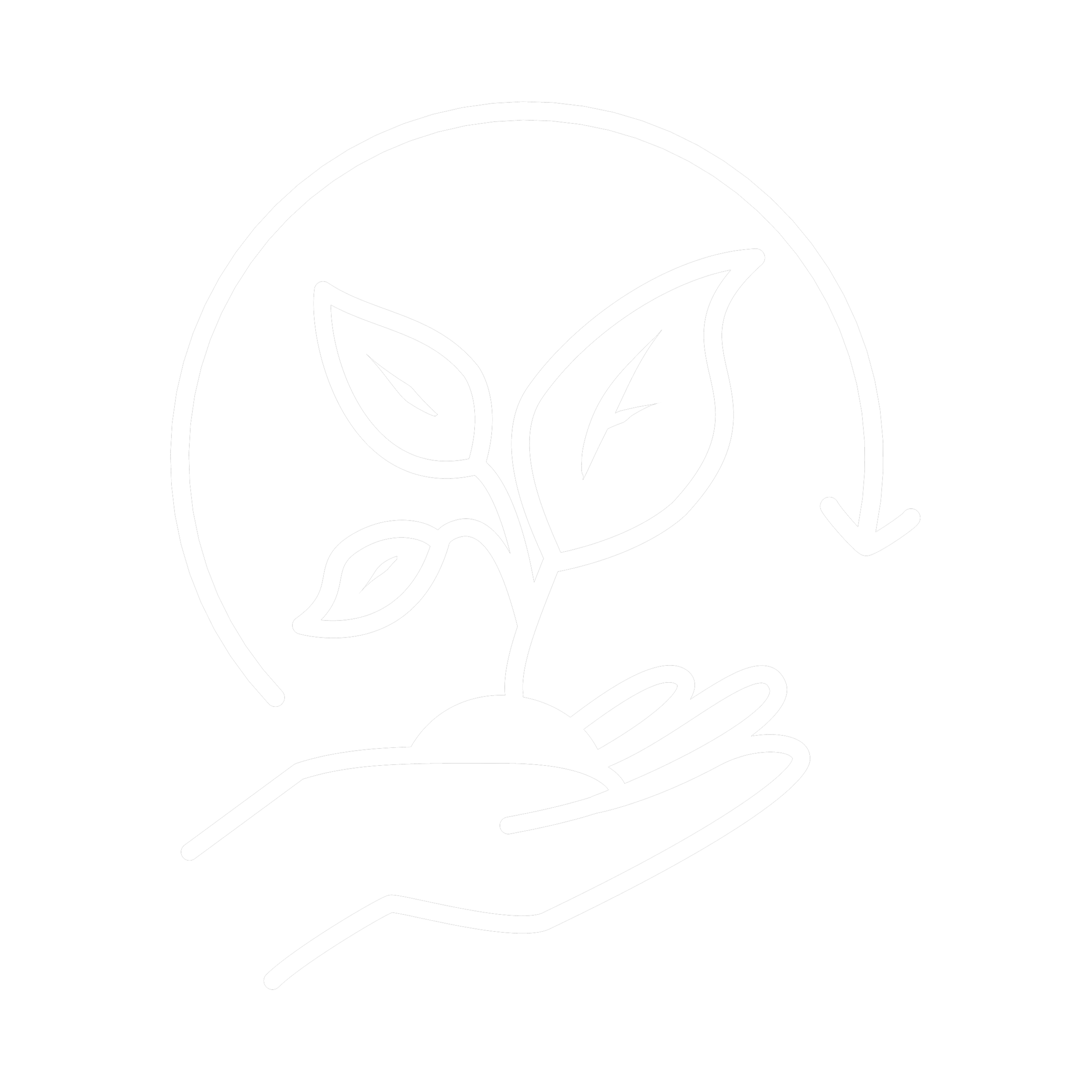 A minimalist black and white line drawing of a hand holding an open book with a sprout growing from the pages.