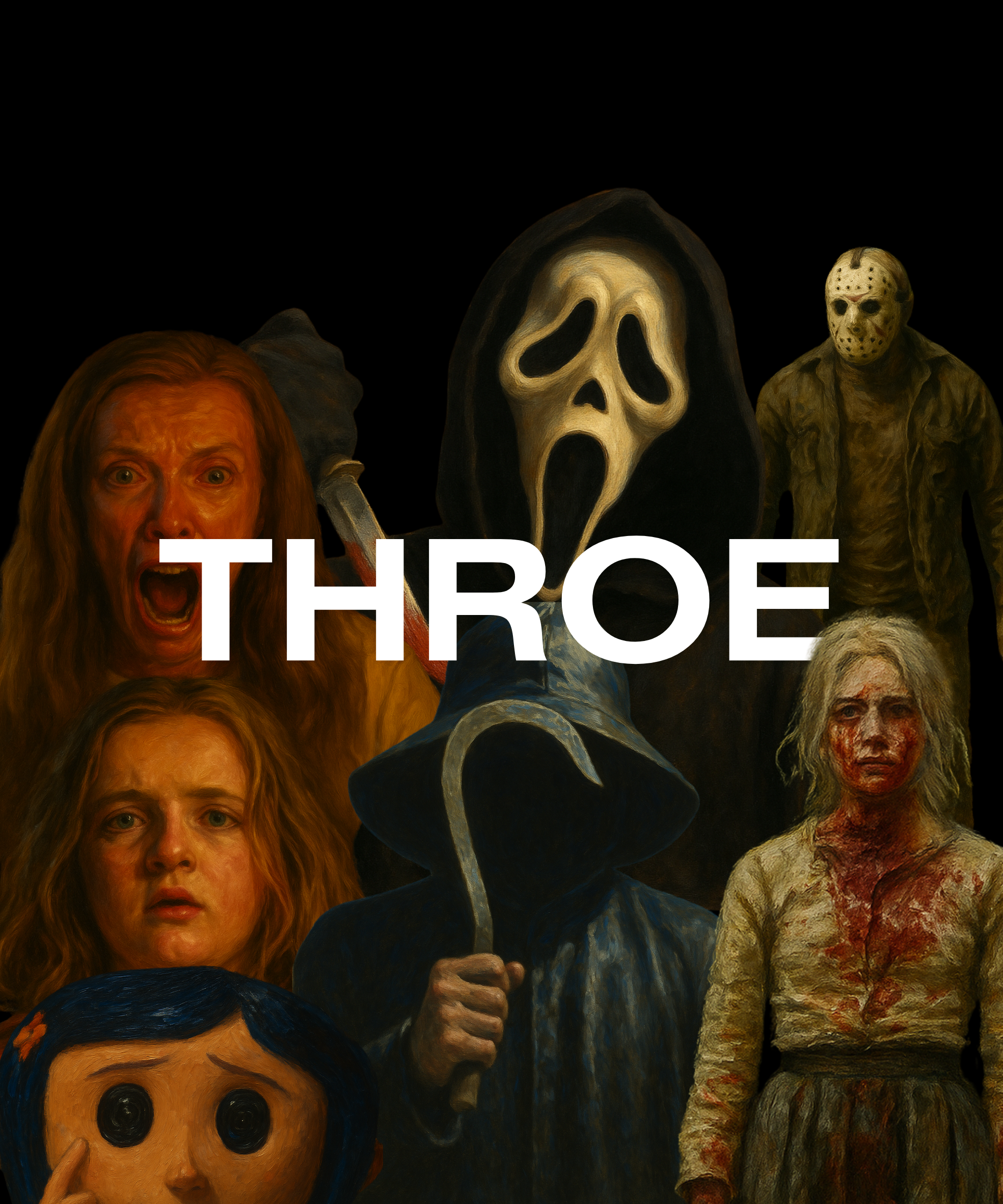 Collection of horror movie characters, including a scream mask, Freddy Krueger, and a woman with a painted face, with the word 'THRONE' partially visible at the bottom.