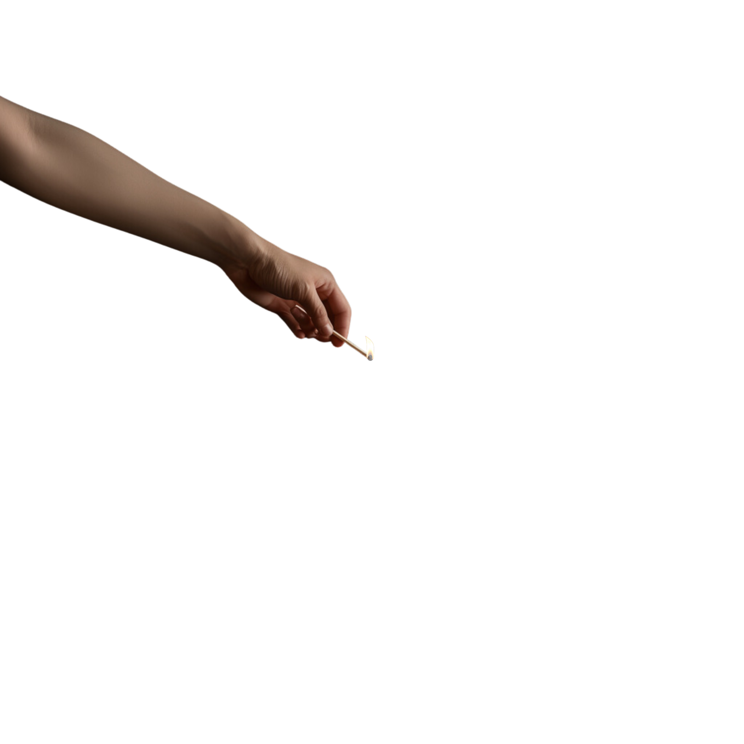 A hand holding a lit matchstick against a black background.