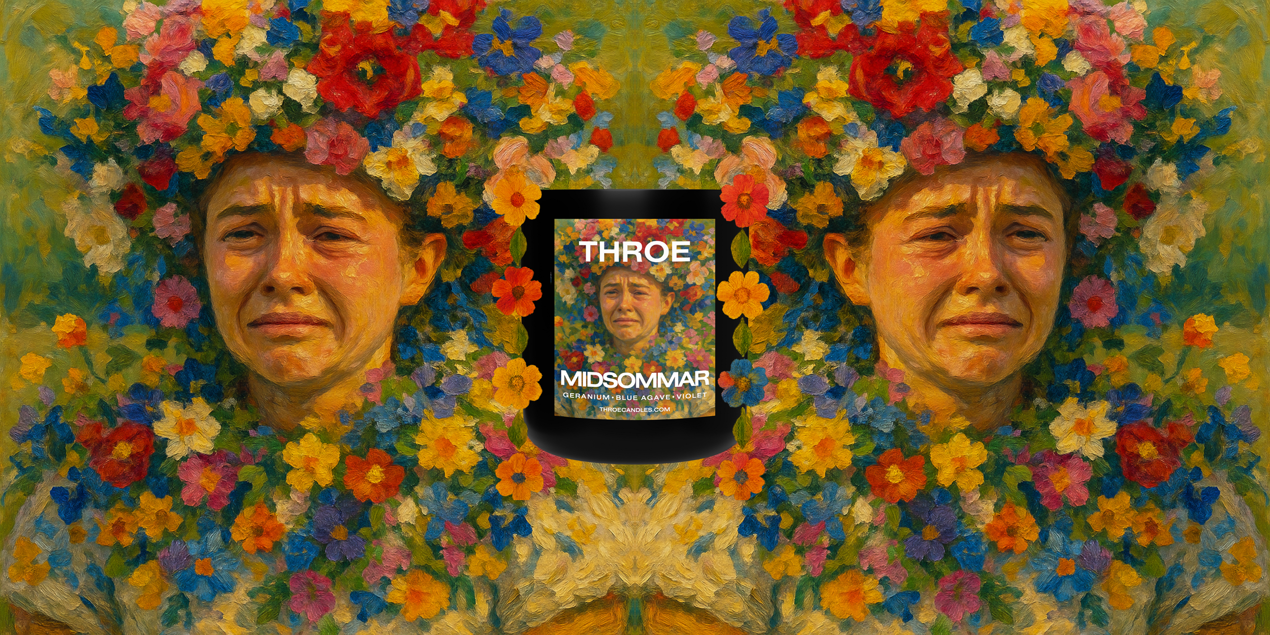 A painterly image featuring two elderly women's faces, with teary expressions, surrounded by a vibrant explosion of multicolored flowers. In the center, a candle with a similar floral background and the words "THROE MIDSOMMAR" along with additional t