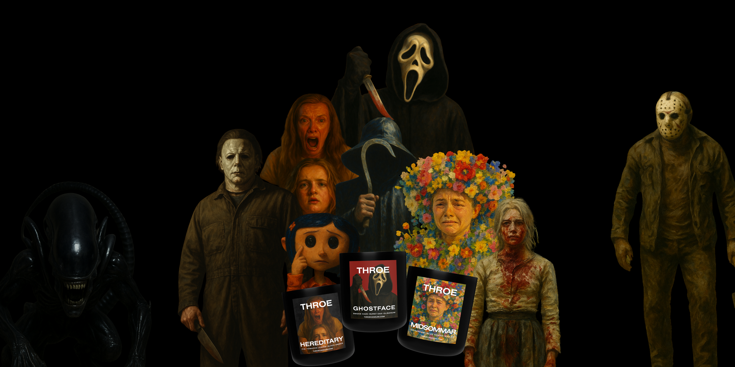 A collection of horror movie characters and masks, including Ghostface from Scream, Michael Myers, Freddy Krueger, a clown, and other spooky figures, along with candles and promotional posters.