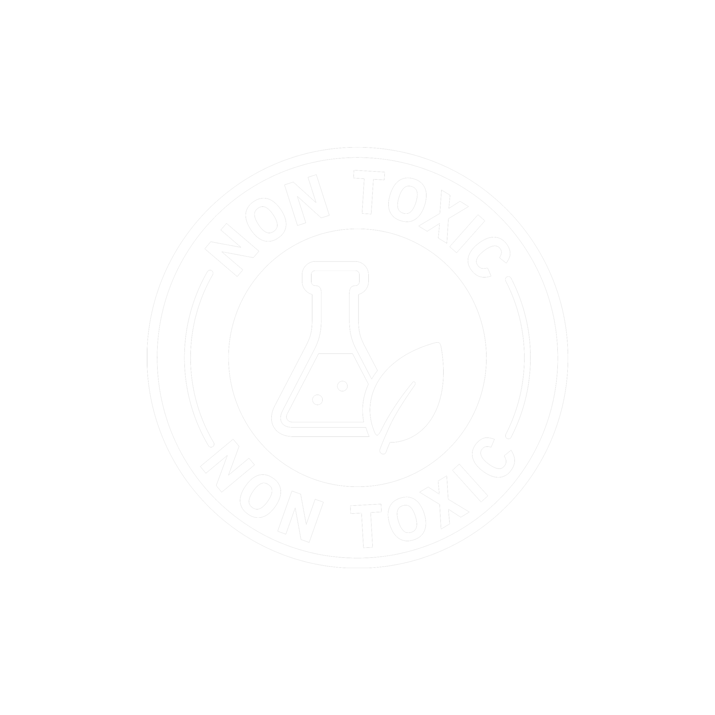 Black circular sticker with white text that says 'NON TOXIC, NO TOXIC' and a stylized chemical flask in the center.