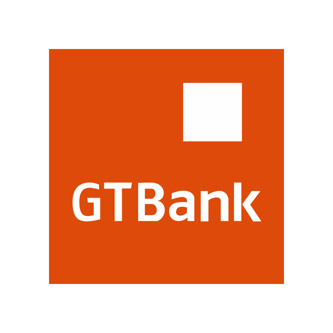 Orange square logo with a white square in the upper right corner and the text 'GT Bank' in white below it.