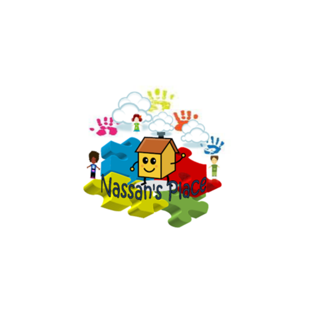 Colorful children's logo with puzzle pieces, a smiling house character, children, cloud, hearts, and the text "Nassan's Place."