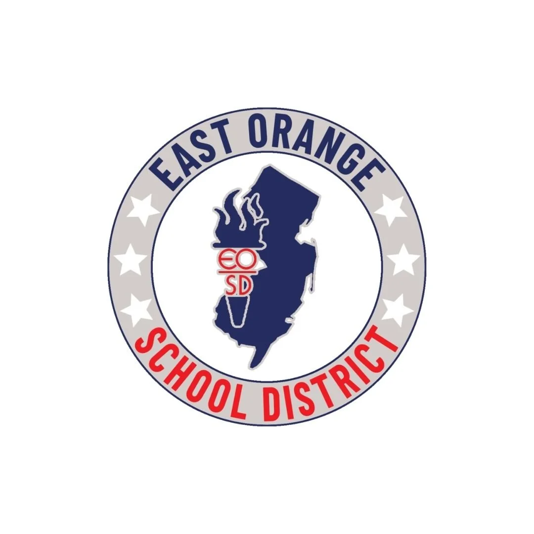 Logo of East Orange School District featuring a blue outline of New Jersey with a torch and ice cream cone, surrounded by a circular band that says 'East Orange School District' in red and blue text.