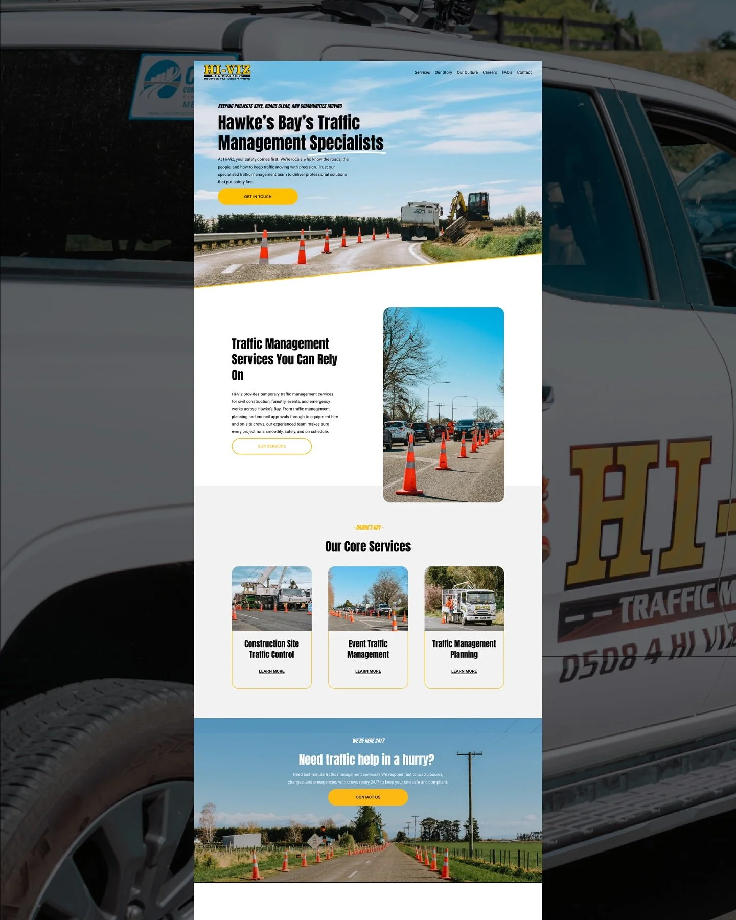 We love seeing a website at full page scale! Check out Hi Viz Traffic Management. ✨

For this project, the goal was to create a website that makes it easy for clients to quickly understand the services Hi Viz offers, while also showcasing their cultu