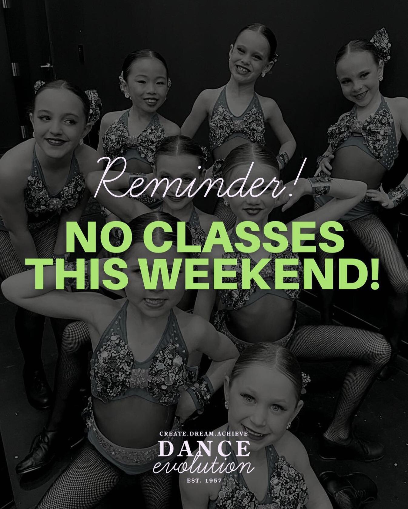 REMINDER! 💥

The studio is closed this weekend for the long weekend! We hope you have a wonderful weekend and we&rsquo;ll see you next week at RECITAL! 🥳💜
