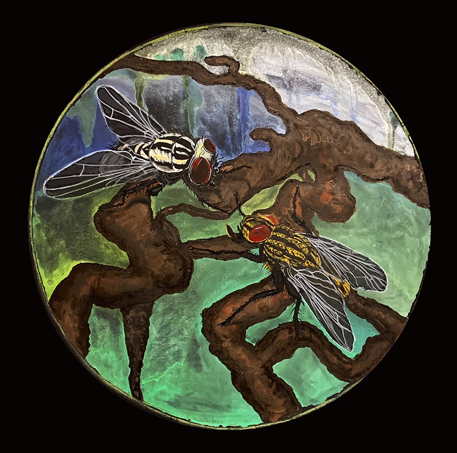 Flies, Watercolor on Black Stonehenge, 24"x24", 2023