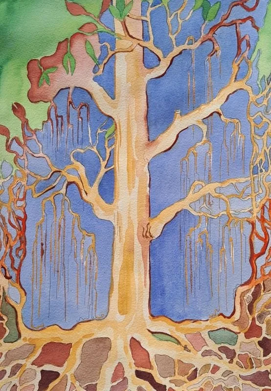 Juuret II, akvarelli (2026), 52x43 cm
