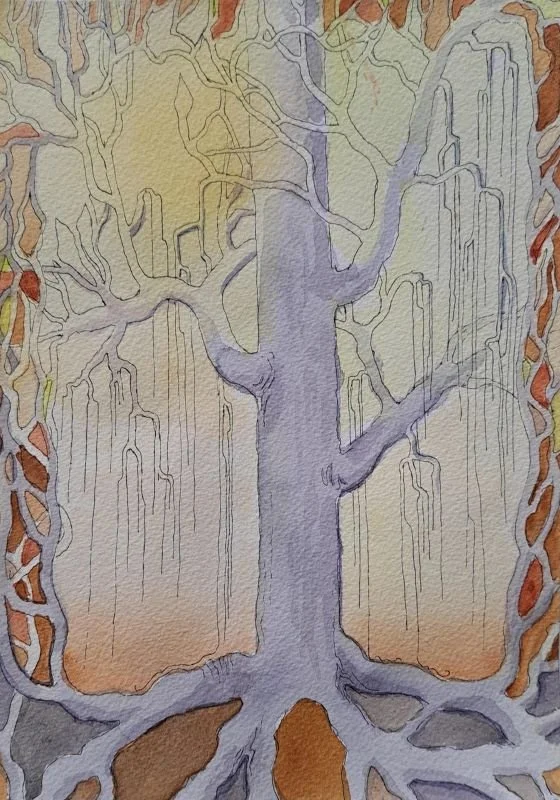 Juuret III, akvarelli (2026), 30x21 cm