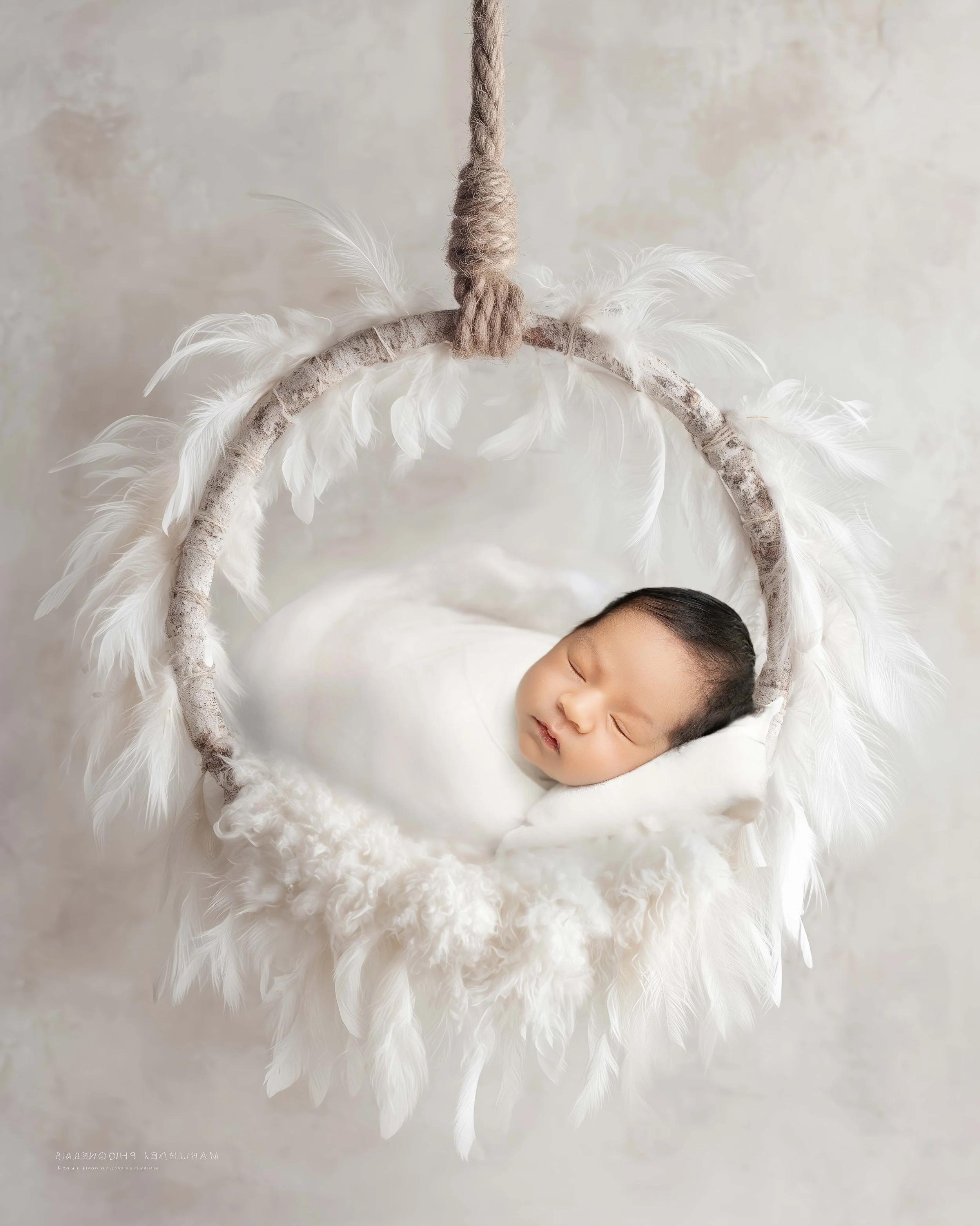 angel-portrait.jpg Newborn baby in a dreamcatcher angel portrait with feathersr