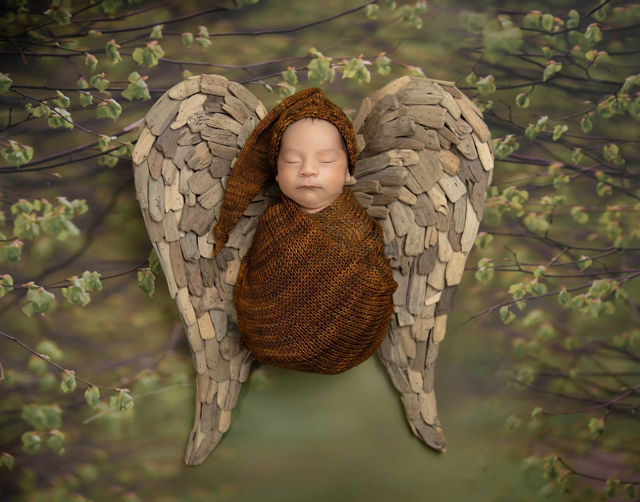 Newborn baby in a woodland-inspired angel portrait with rustic wooden wings