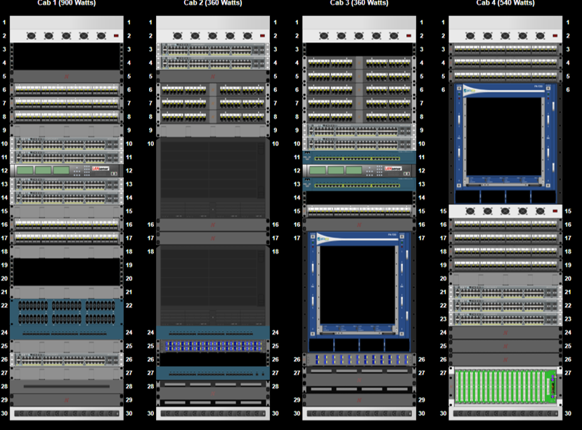 Four audio rack units with various knobs, sliders, and displays for sound mixing and amplification.