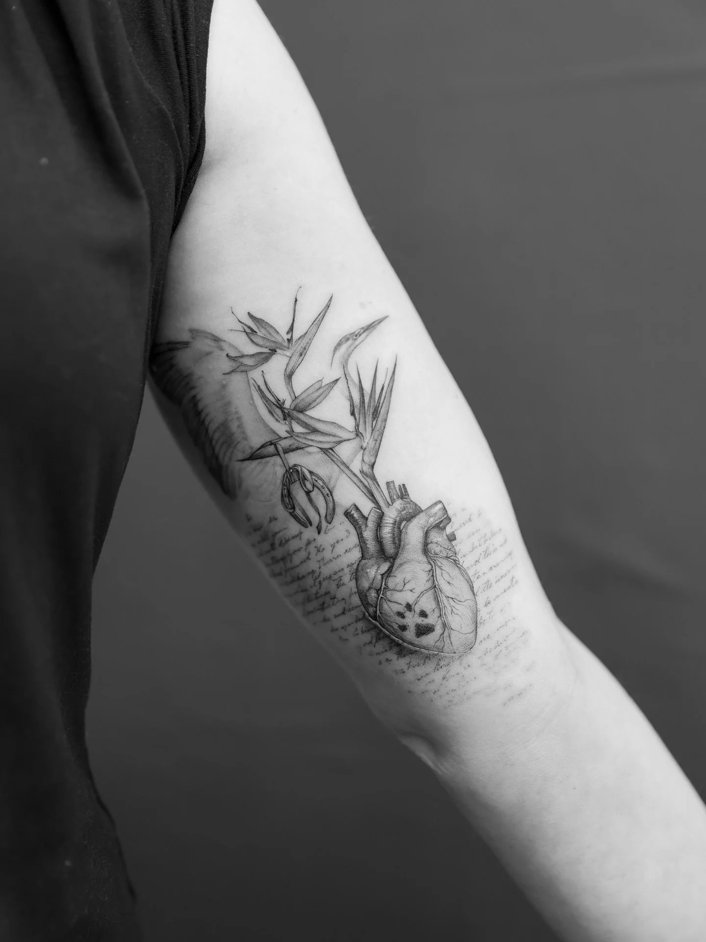 On a continuous quest to find fun and interesting ways to incorporate my clients ideas into a workable design. 
The prompt for this piece was;
- Heron 
- Heart 
- Paw print 
- Bird of paradise flower 
- Horseshoe 

Thoughts on what we ended up with? 