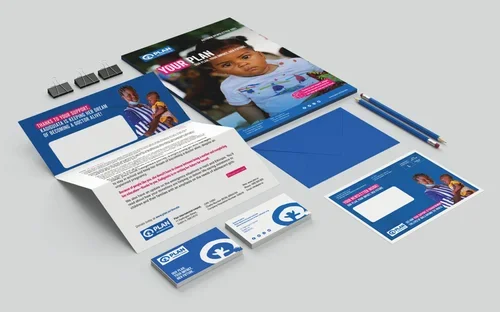 branded materials for a non profit including a letter, cards and pencils