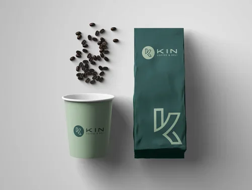 Kin coffee cup and coffee bean packaging