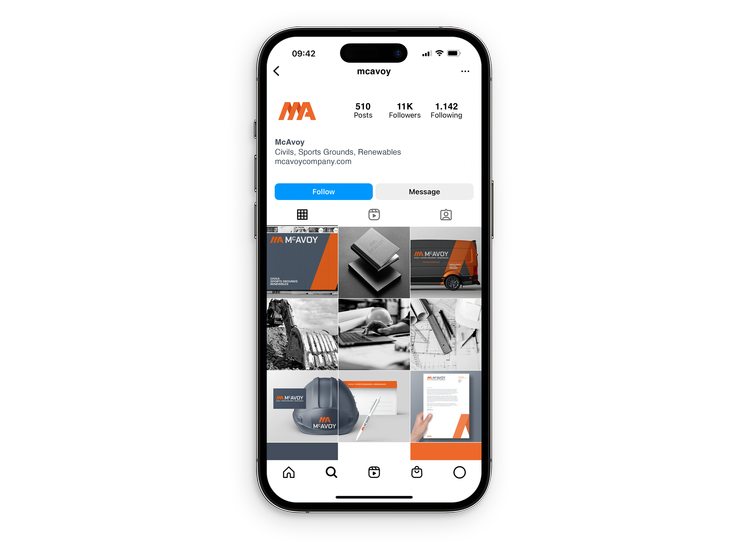 Instagram profile displaying Brand Elevation's branding and marketing work for McAvoy, including civils, sports grounds and renewable energy projects.