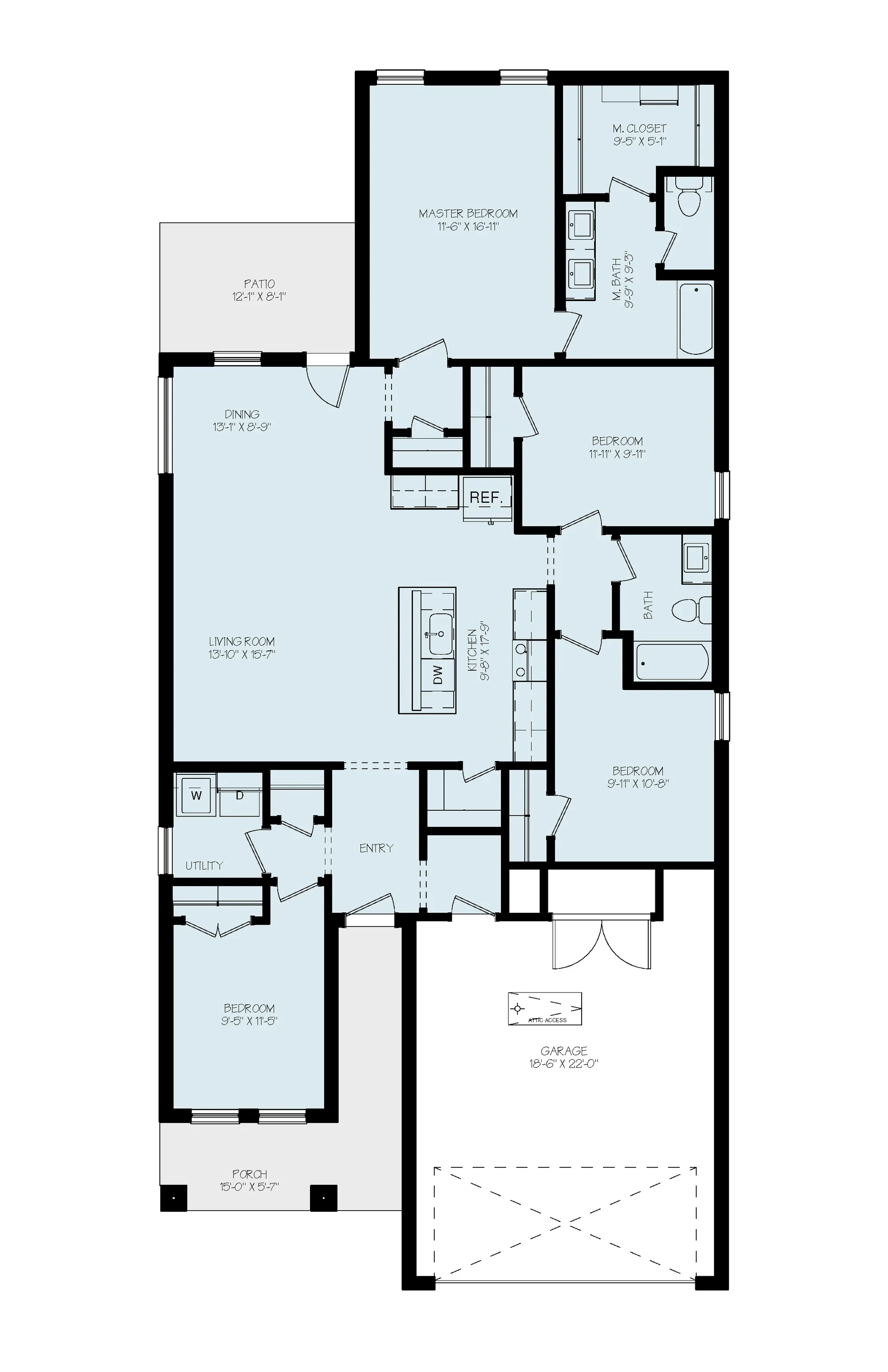 Floor plan of a house showing rooms such as living room, dining, kitchen, bedrooms, bathrooms, utility, porch, and garage with measurements.