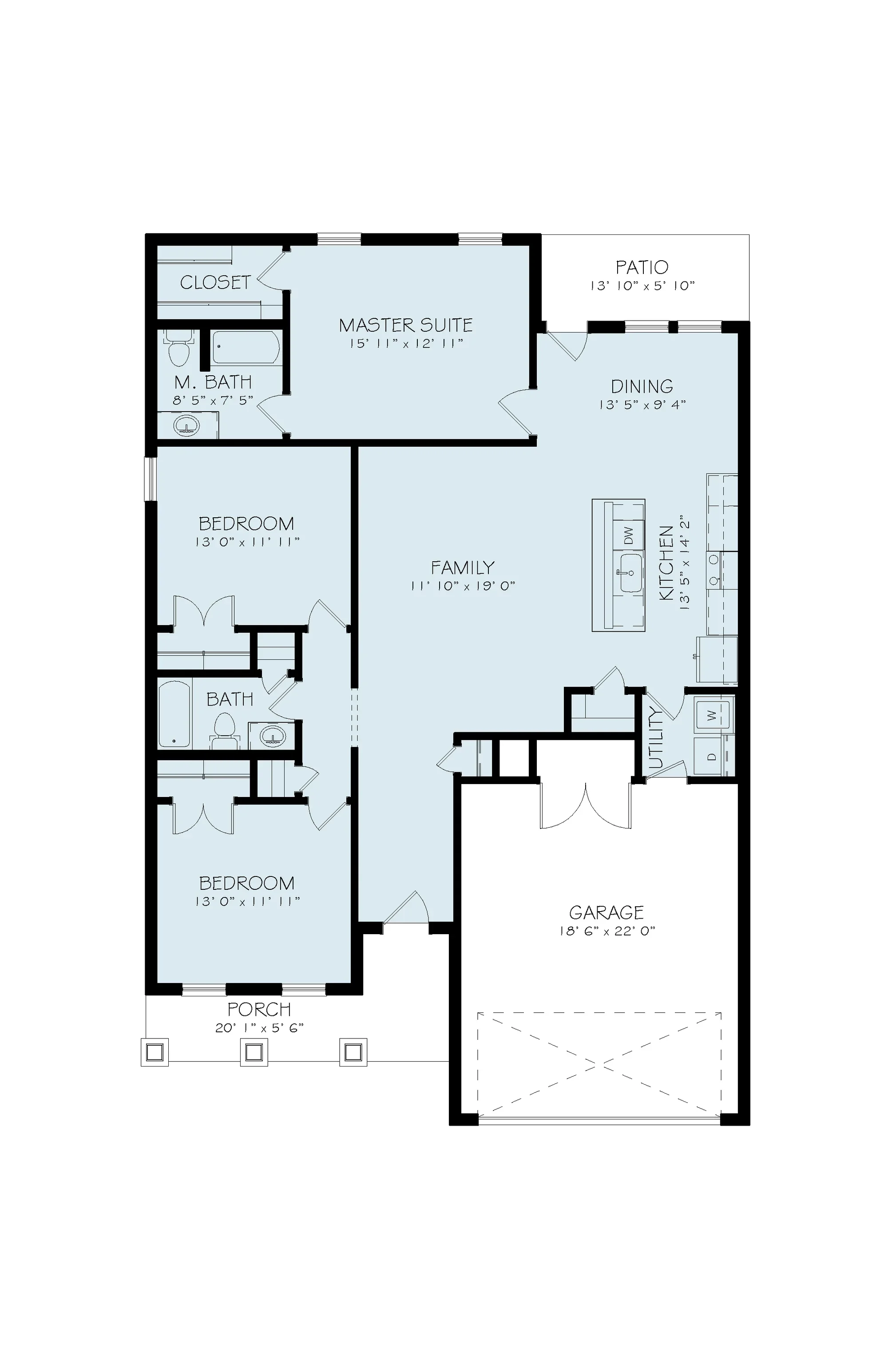 Floor plan of a house with labeled rooms, including a porch, two bedrooms, two bathrooms, a family room, kitchen, dining area, master suite with closet and master bath, utility room, and a garage, with a patio accessible from the master suite and dining area.
