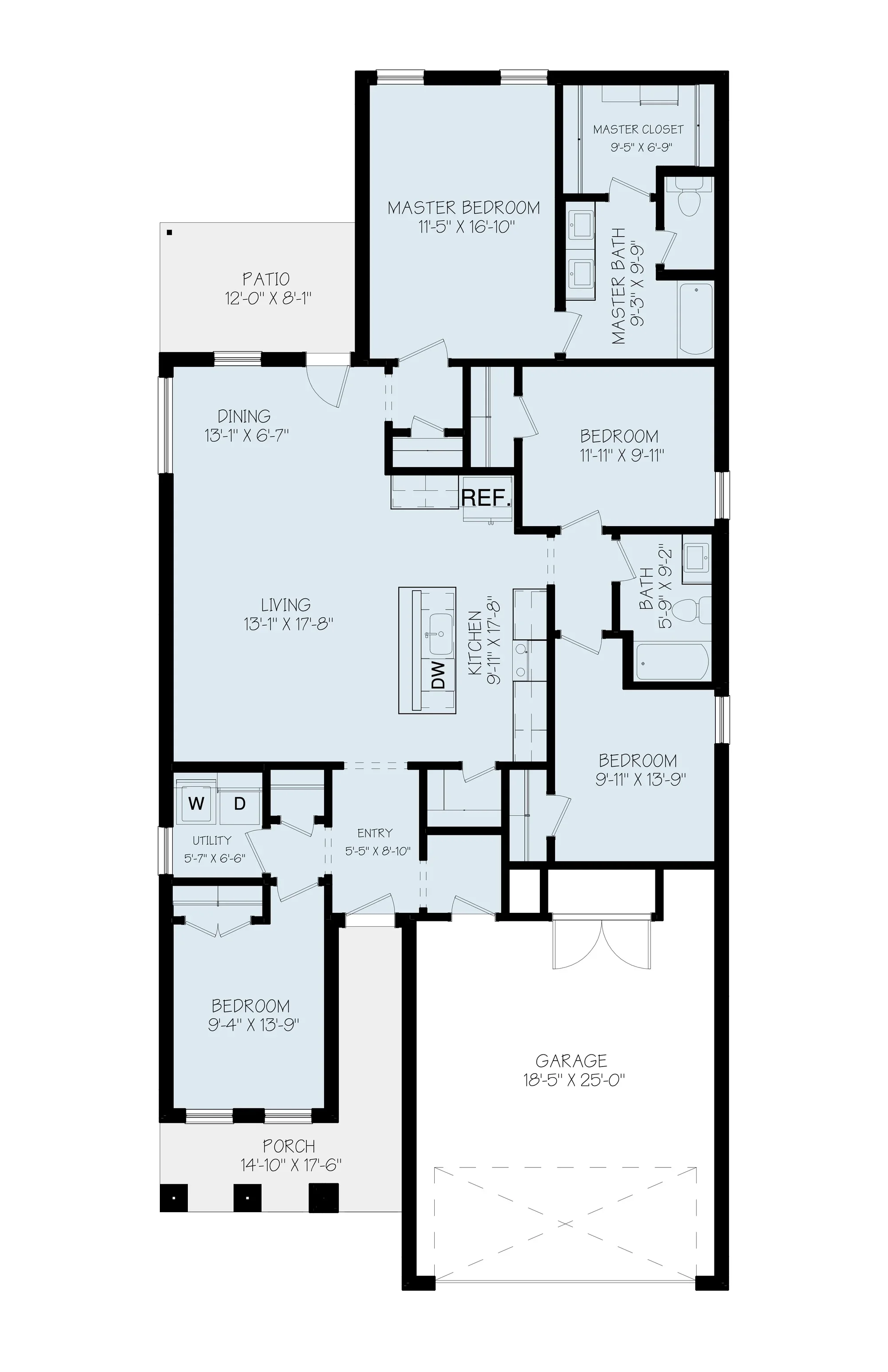 Floor plan of a house showing various rooms including a porch, living room, kitchen, bedrooms, bathrooms, utility room, garage, and patio with measurements.
