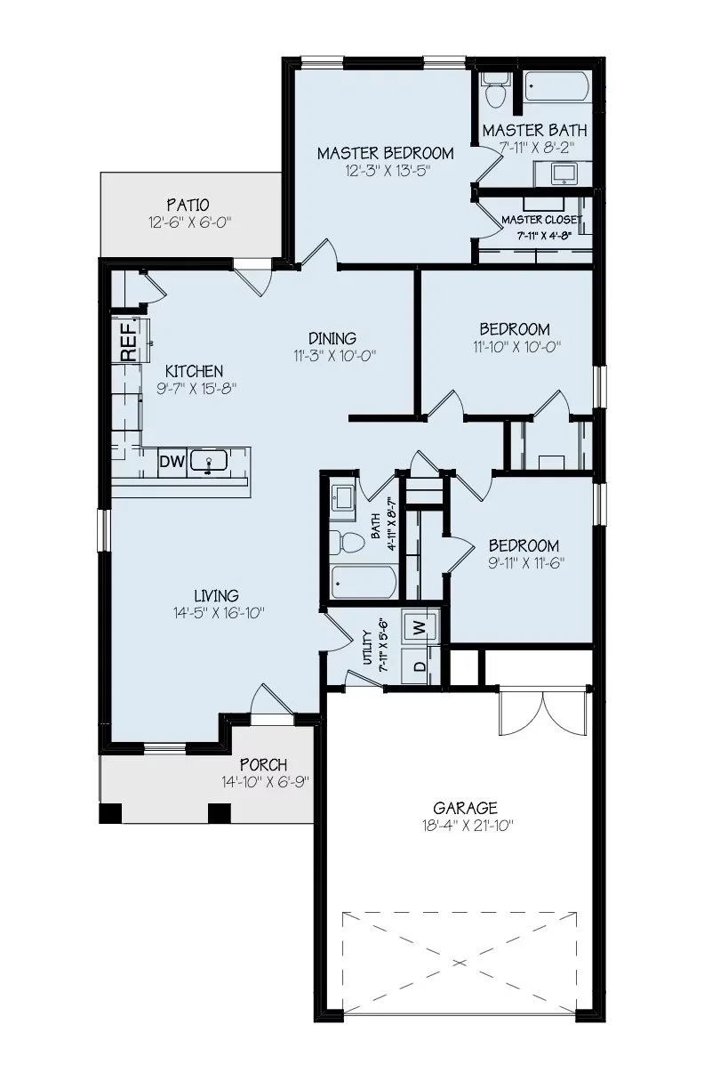 A detailed floor plan of a house showing various rooms including bedroom, bathrooms, kitchen, living room, dining room, laundry, porch, patio, and garage with their dimensions labeled.