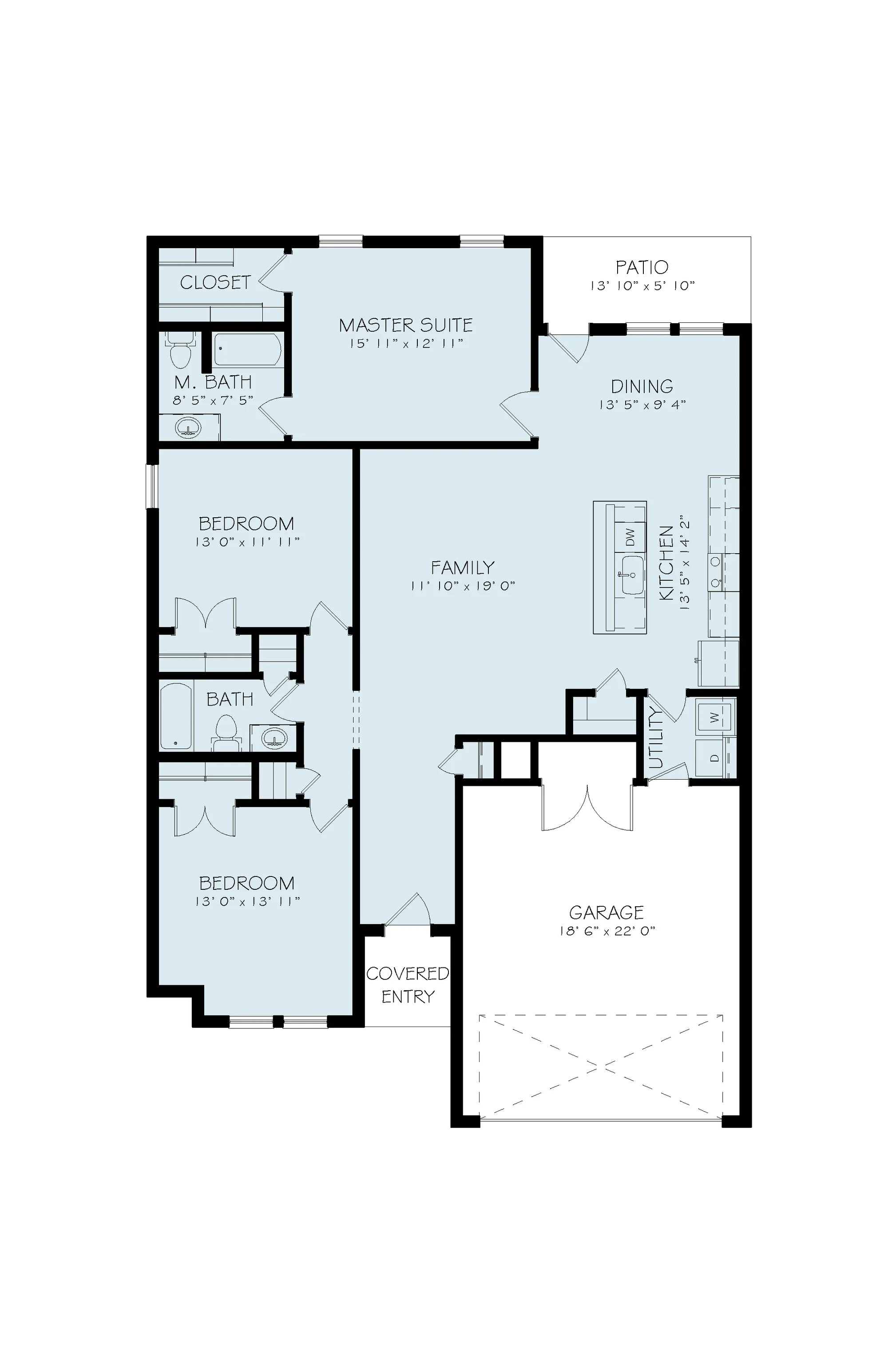 Detailed floor plan of a house showing rooms including a master suite, two additional bedrooms, a family room, dining area, kitchen, utility room, two bathrooms, a garage, covered entry, and patio.